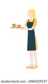 A waiter girl in an apron holds a tray with a cup of coffee and a cake in her hands. Vector illustration isolated on white background