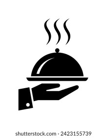 Waiter hand or cloche icon. Symbol of service, menu or catering. Hand with a tray, an attribute of cafes, restaurants or hotels. Designation of breakfast, lunch or dinner.