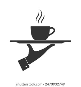 Waiter hand with cup of hot drink. Offer of hot drink graphic sign isolated on white background. Vector illustration