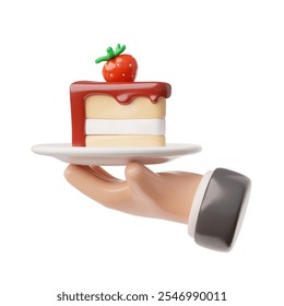 Waiter hand hold cake on a plate with strawberry. 3D cartoon plastic style icon. Cafe menu. Biscuit sweet dessert with chocolate topping. Vector render illustration isolated on white background