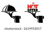 Waiter hand holding cloche serving plate, hot offer. Vector icons set on transparent background 