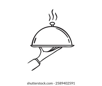 Waiter hand holding cloche serving plate doodle hand drawn icon. Outline drawing Waiter hand holding cloche serving plate line clipart symbol. Vector illustration