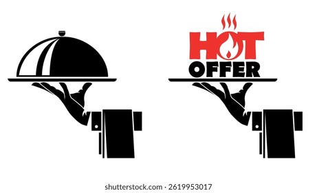 Mão de garçom segurando cloche servindo prato, oferta quente. Ícones de vetor definidos no plano de fundo transparente 