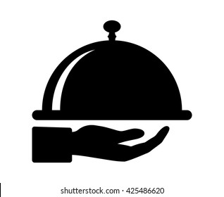 Waiter hand holding cloche serving plate flat vector icon for food apps and websites 