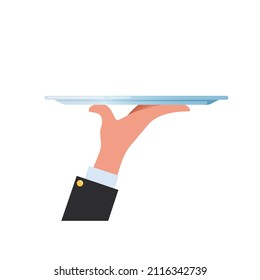 Waiter hand holding empty tray. Vector illustration isolated on white background