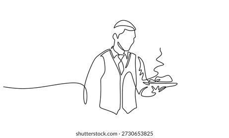 Waiter hand holding a serving platter continuous one line drawing. Gourmet food and catering service vector illustration hand drawn.
