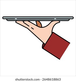 Waiter hand holding serving tray vector. Professional food service illustration ideal for restaurant branding and hospitality themes.