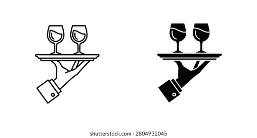 Waiter hand holding a serving tray with wine glasses icon set hospitality restaurant beverage catering waitstaff