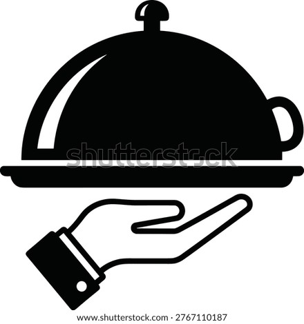 Waiter hand holding serving tray with cloche icon representing food service, hospitality, restaurant, dining, catering, meal presentation, vector illustration design