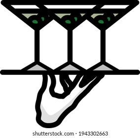 Waiter Hand Holding Tray With Martini Glasses Icon. Editable Bold Outline With Color Fill Design. Vector Illustration.