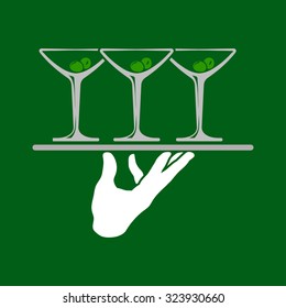 Waiter hand holding tray with martini glasses icon over green background. Vector illustration.