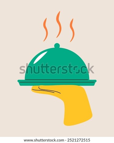 Waiter hand holding a tray platter with cloche lid. Service concept, restaurant food serving.  Colorful vector illustration
