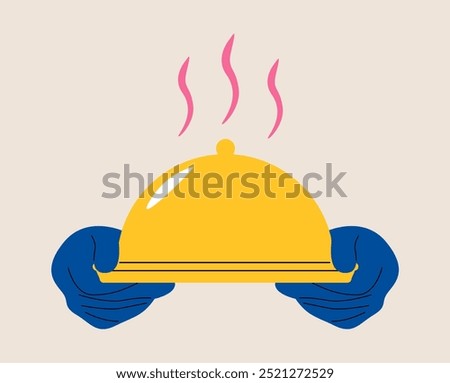 Waiter hand holding a tray platter with cloche lid. Service concept, restaurant food serving.  Colorful vector illustration
