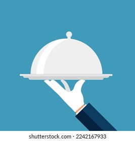 Waiter hand holding tray. Restaurant service. Vector illustration isolated on blue background Eps 10