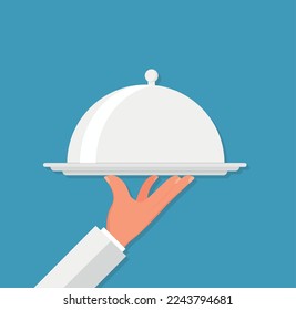 Waiter hand holding tray. Restaurant service. Vector illustration isolated on blue background Eps 10