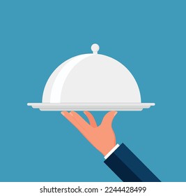 Waiter hand holding tray. Restaurant service. Vector illustration isolated on blue background Eps 10