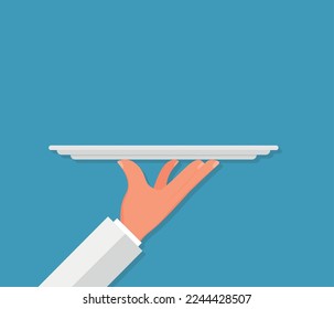 Waiter hand holding tray. Restaurant service. Vector illustration isolated on blue background Eps 10
