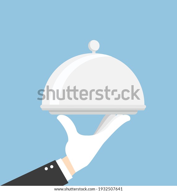 Waiter hand holding tray. Restaurant food serving\
icon concept. Vector\
stock