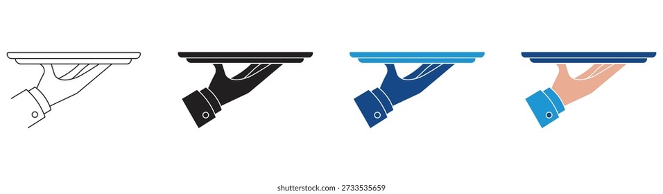 Waiter hand holding tray set. Waiter Tray Platter Holding By Woman Hand isolated on white background. Vector illustration.