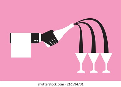 Waiter Hand Holding A Wine Bottle And Pouring  Glasses Of Wine