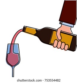 waiter hand holding a wine bottle and pouring glasses of wine vector illustration