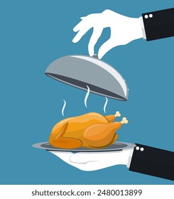 Waiter hand with silver cloche serving Roasted chicken on plate. vector illustration in flat style.