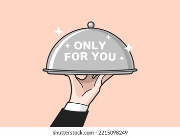 Waiter Hand With Tray And Metal Cloche Lid Cover. Special Service Only For You. Vector