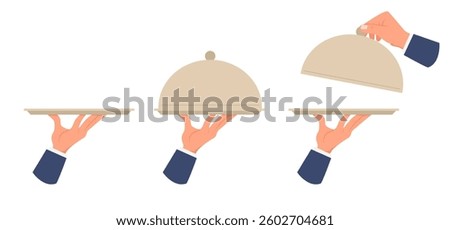 Waiter hand with tray. Open or closed lid. Catering service. Cafe staff carrying plate. Dish with cloche. Servant and butler arms. Gourmet dinner. Restaurant order