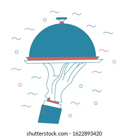 Waiter hand with tray vector illustration. Hand with dome lid doodle style clip art isolated on background. Blue red white colors.
