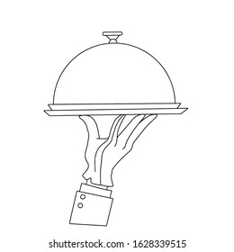 Waiter hand with tray vector line art illustration. Hand with dome lid doodle style clip art isolated on background.