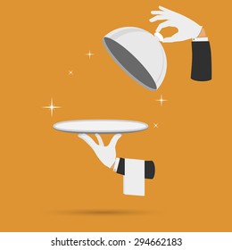 Waiter hands with cloche lid cover and towel vector illustration.