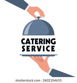 Waiter hands opening cloche lid cover revealing Catering service text on a tray.