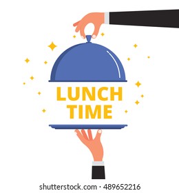 Waiter Hands Opening Cloche Lid Cover Revealing Lunch Time Text On A Tray. Flat Style Vector Illustration