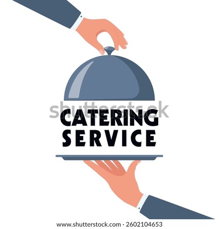 Waiter hands opening cloche lid cover revealing Catering service text on a tray.