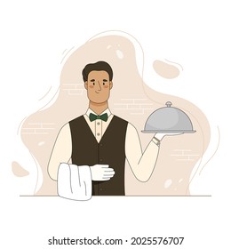 Waiter hold dish closed with cloche. Vector flat cartoon illustration