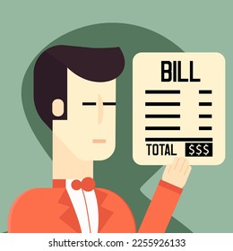 Waiter holding bill. Flat vector illustration. 