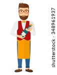 A waiter holding a bottle of wine vector flat design illustration isolated on white background. Vertical layout.