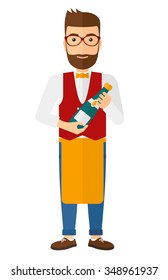 A waiter holding a bottle of wine vector flat design illustration isolated on white background. Vertical layout.