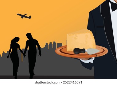 Waiter is holding a cheese platter with a silhouette of a couple walking in the background