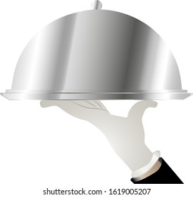Waiter holding closed tray.Vector illustration of restaurant service set.Silver cloche in hand. Menu, restaurant, service concept.Vector illustration