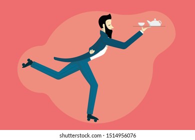 The waiter is holding a cup and teapot