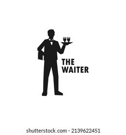 Waiter holding drinks on platter simple black vector silhouette illustration.