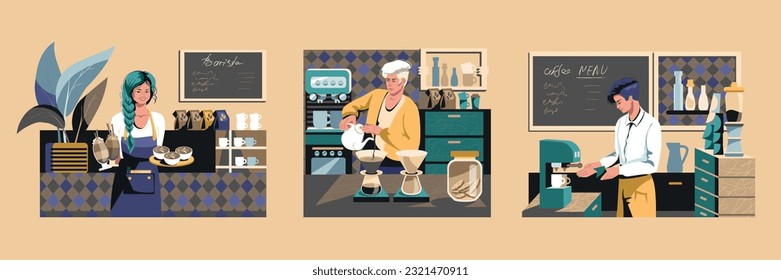 Kellner, der Getränke hält, die für den Vertrieb von Bestellungen an Kunden bereit sind. Stylischer Mann, der Kaffee auf der Arbeit zubereitet. Lady in Schürze bereiten heiße Schokolade in der Kaffeemaschine. Flache Vektorgrafik
