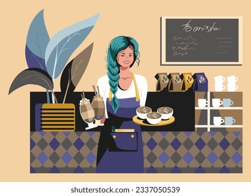 Waiter holding drinks ready for distributing orders to customers. Modern work for students. Process of making tasty drink. Colorful flat vector illustration in cartoon style in blue colors