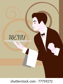 Waiter holding an empty tray.