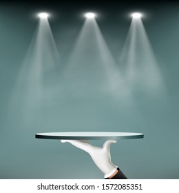 Waiter holding an empty tray. Background for presentation and advertising is illuminated by spotlights. Vector illustration.