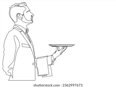 Waiter holding food tray. One line drawing. Restaurant worker concept. Vector illustration