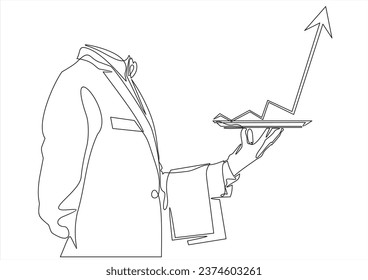 Waiter holding food tray. One line drawing. hand holding silver platter with Business charts on white background isolated