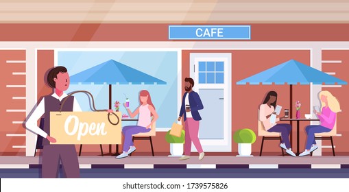 waiter holding open sign board coronavirus quarantine is ending victory over covid-19 concept mix race visitors sitting at tables street cafe exterior horizontal vector illustration