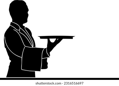 Waiter holding plate in side pose silhouette ,Side view silhouette of waiter presenting empty plate